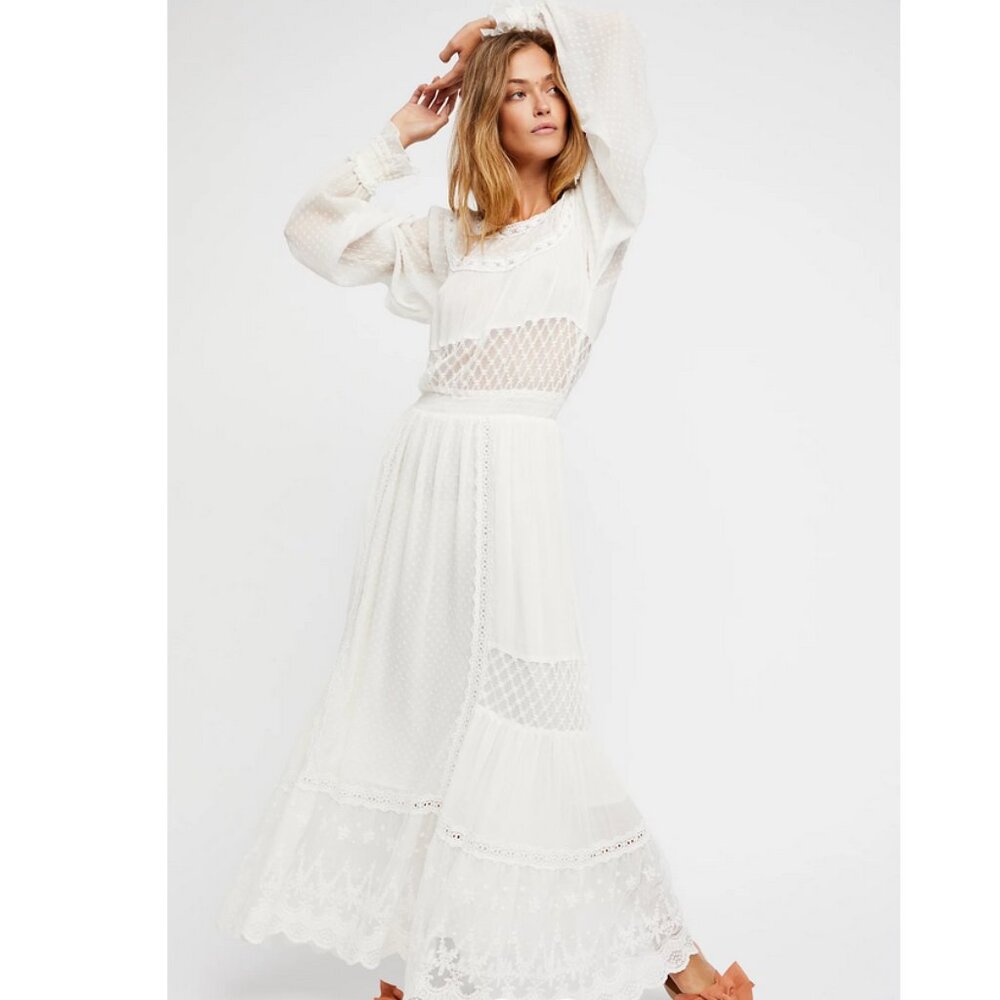 🤍 Free People White Lace Milkmaid “Tina” Maxi Dress | Boho Renn Faire Dream